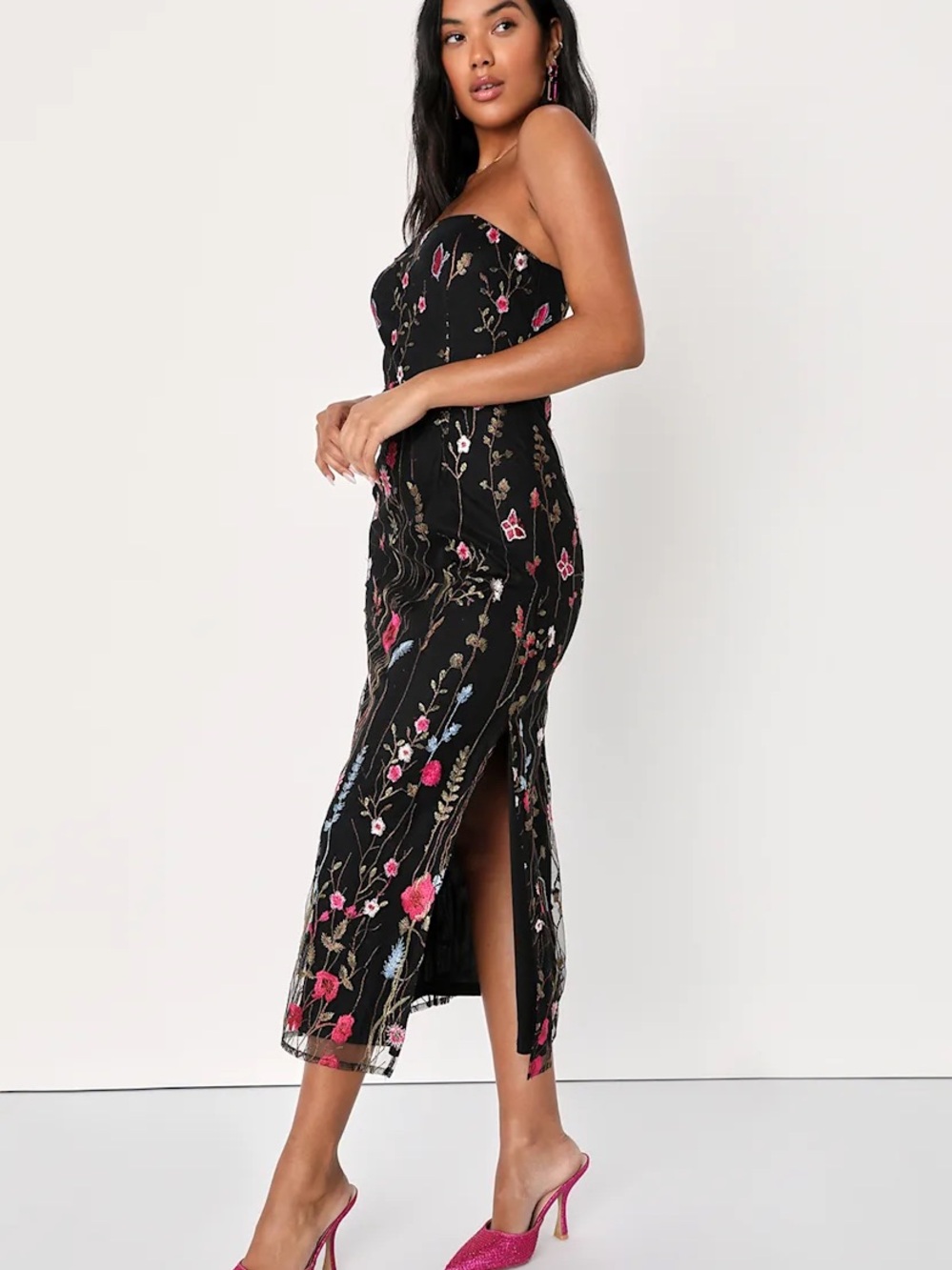 NWT Lulus Bold Botanicals Black Floral Embroidered Strapless Midi Dress XXS
